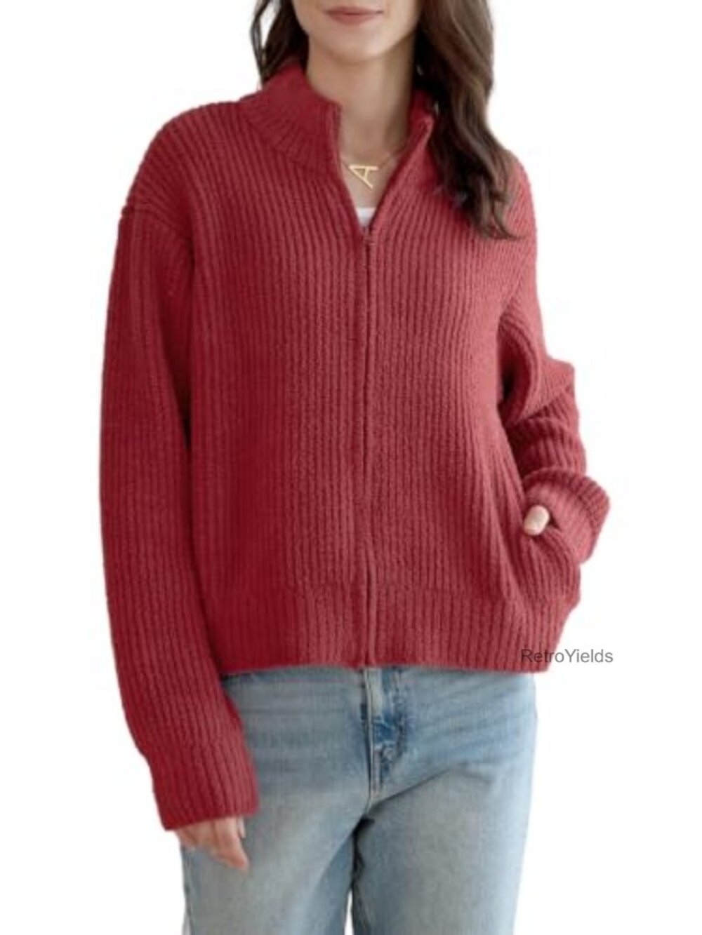Womens Mock Neck Zip Up Cardigan Sweater Jacket with Pockets